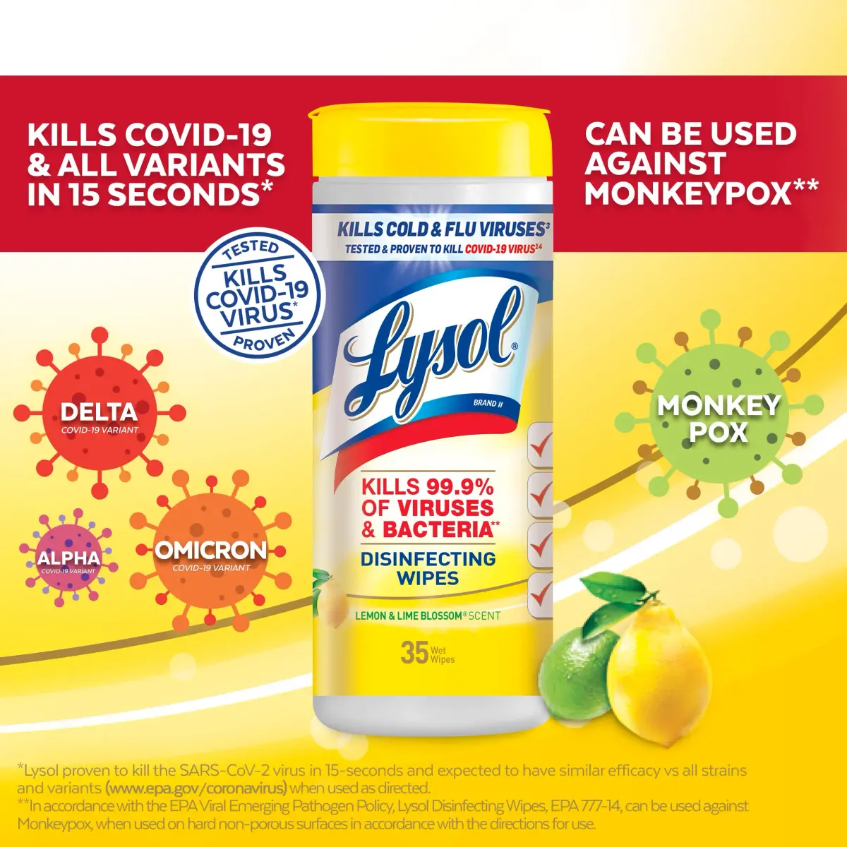 Lysol Disinfectant Wipes, Multi-Surface Antibacterial Cleaning Wipes, Lemon & Lime Blossom, 105 Count (3 Packs) | Kills 99.9% of Viruses & Bacteria - view 4