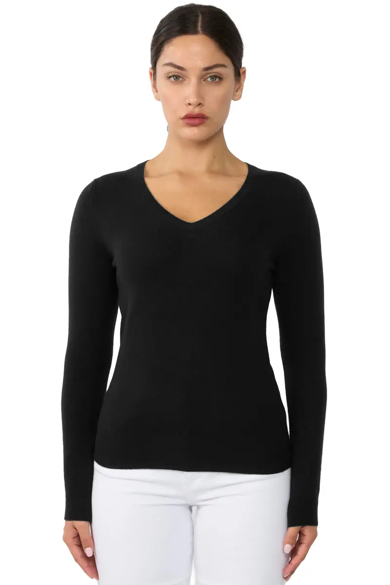 JENNIE LIU 100% Cashmere V Neck Sweater for Women, Black | Lightweight, Soft & Classic Fit - main product image