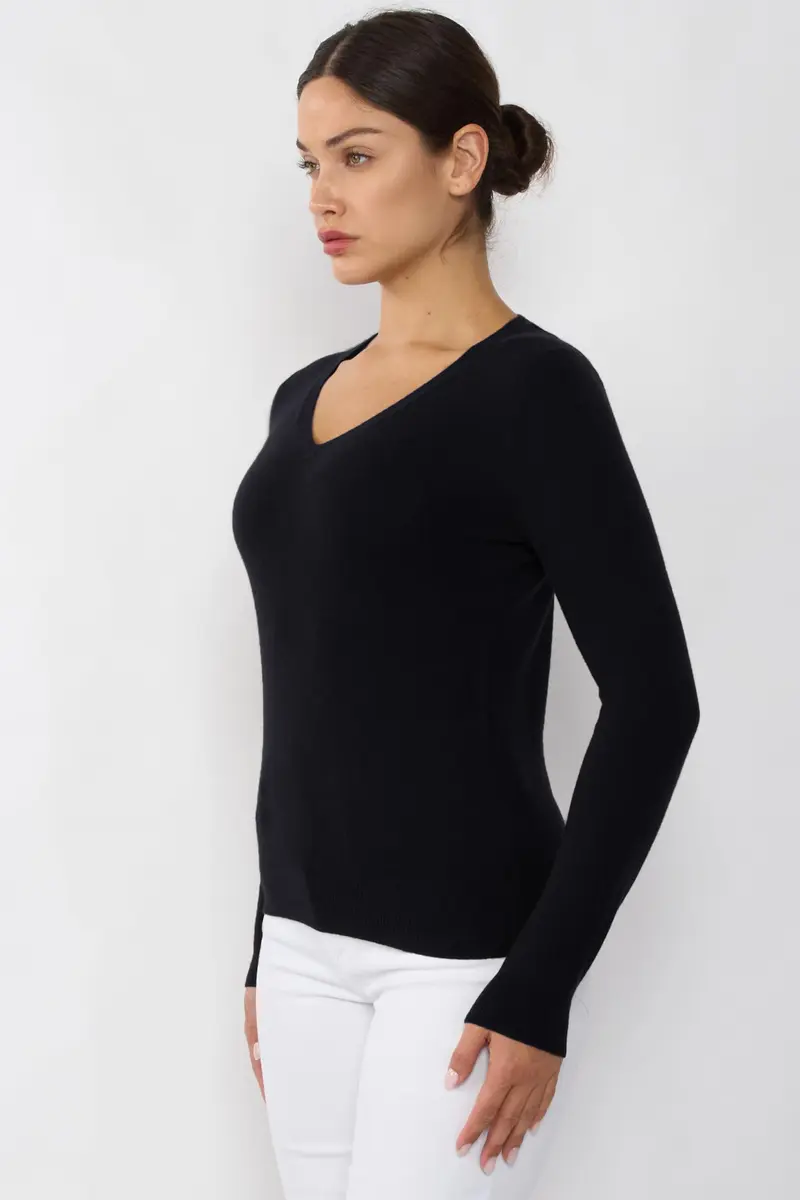 JENNIE LIU 100% Cashmere V Neck Sweater for Women, Black | Lightweight, Soft & Classic Fit - view 2
