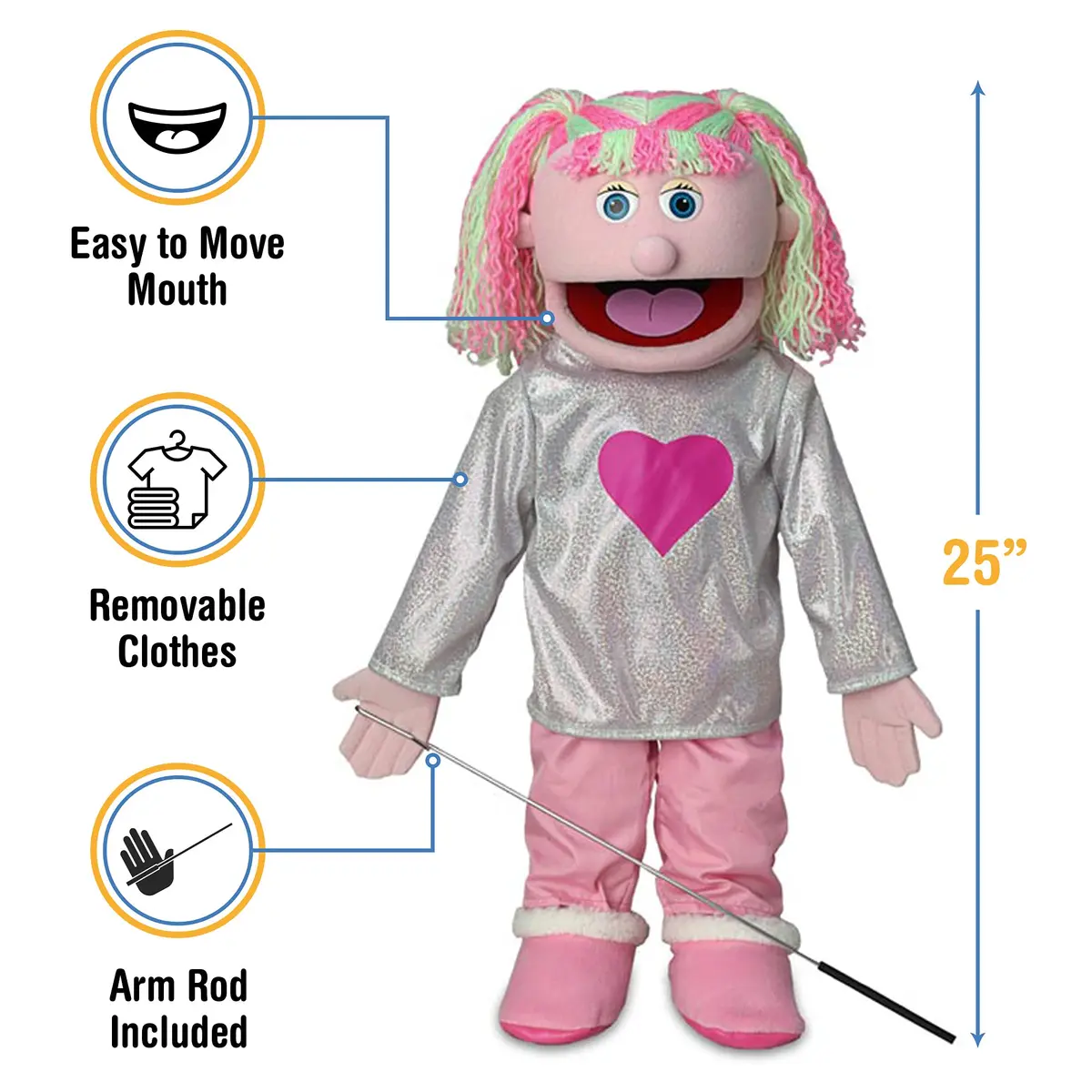 Silly Puppets Kimmie Pink Girl Full Body Ventriloquist Style Puppet 60cm (25") | Easy Mouth Movement & Control Rod - view 3