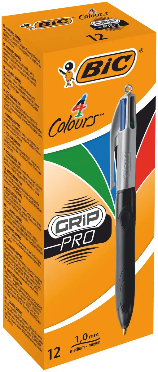 BIC 4 Colours Grip Pro Retractable Ballpoint Pens 12 Pack | 1.0 mm Medium Point, Assorted Colors, Refillable, Stylish Design - main product image