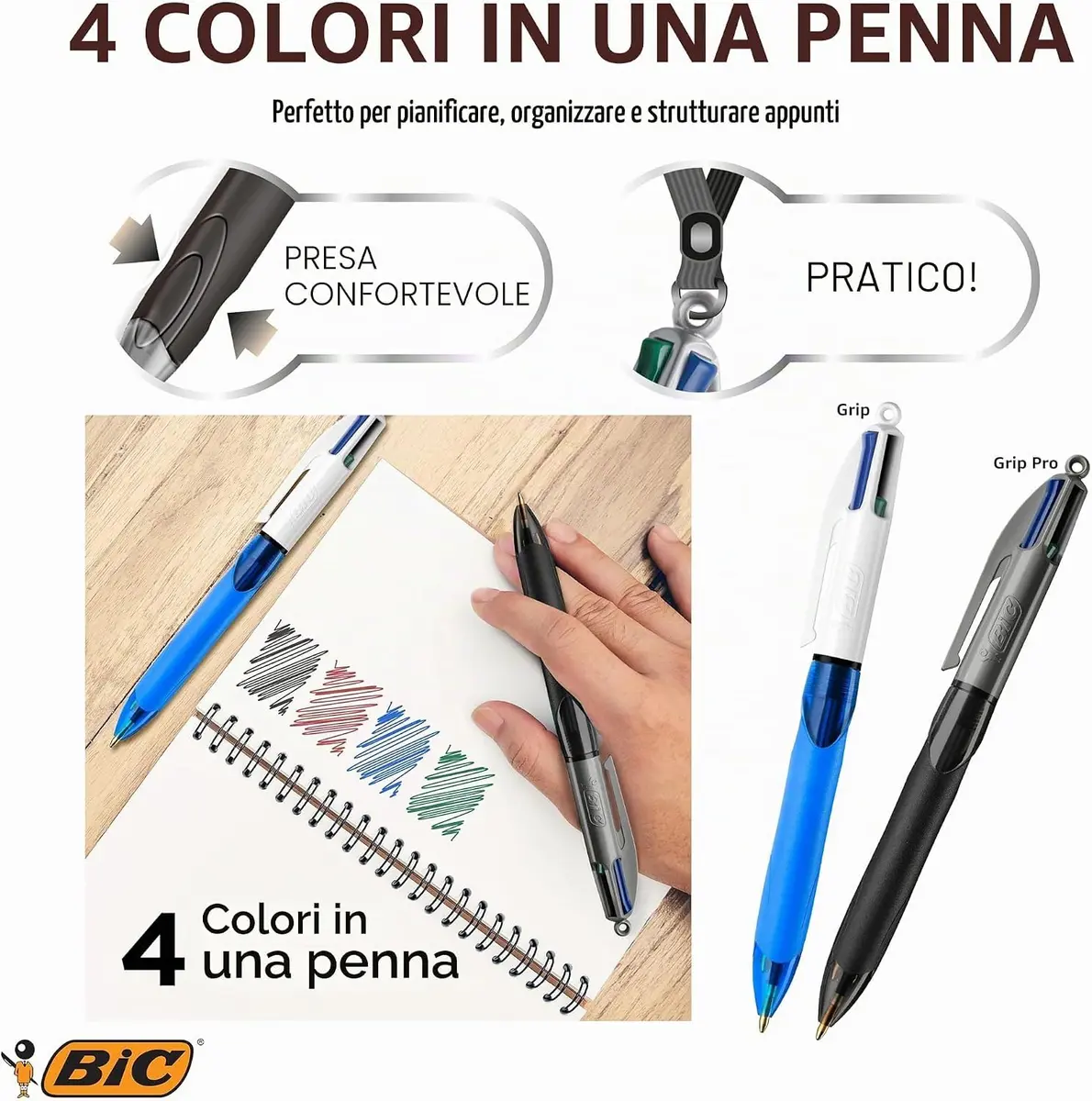BIC 4 Colours Grip Pro Retractable Ballpoint Pens 12 Pack | 1.0 mm Medium Point, Assorted Colors, Refillable, Stylish Design - view 6