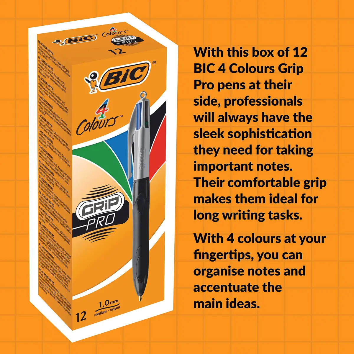 BIC 4 Colours Grip Pro Retractable Ballpoint Pens 12 Pack | 1.0 mm Medium Point, Assorted Colors, Refillable, Stylish Design - view 8