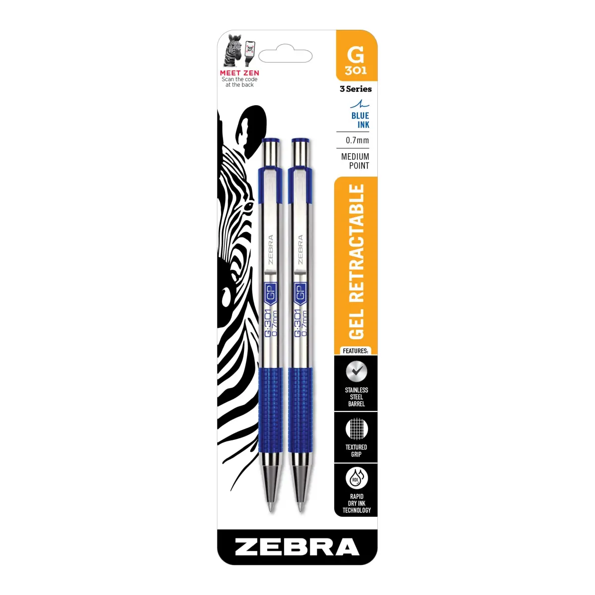 Zebra Pen STEEL G-301 Retractable Gel Pen, Blue Ink, 0.7mm, 12-Pack | Smooth Ink Flow - main product image