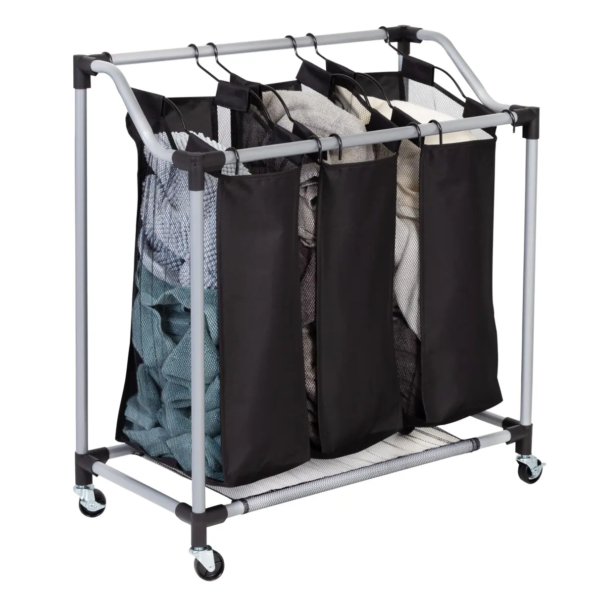 Honey-Can-Do Triple Laundry Sorter with Mesh 3 Bags | Modern Steel/Black Design - view 6