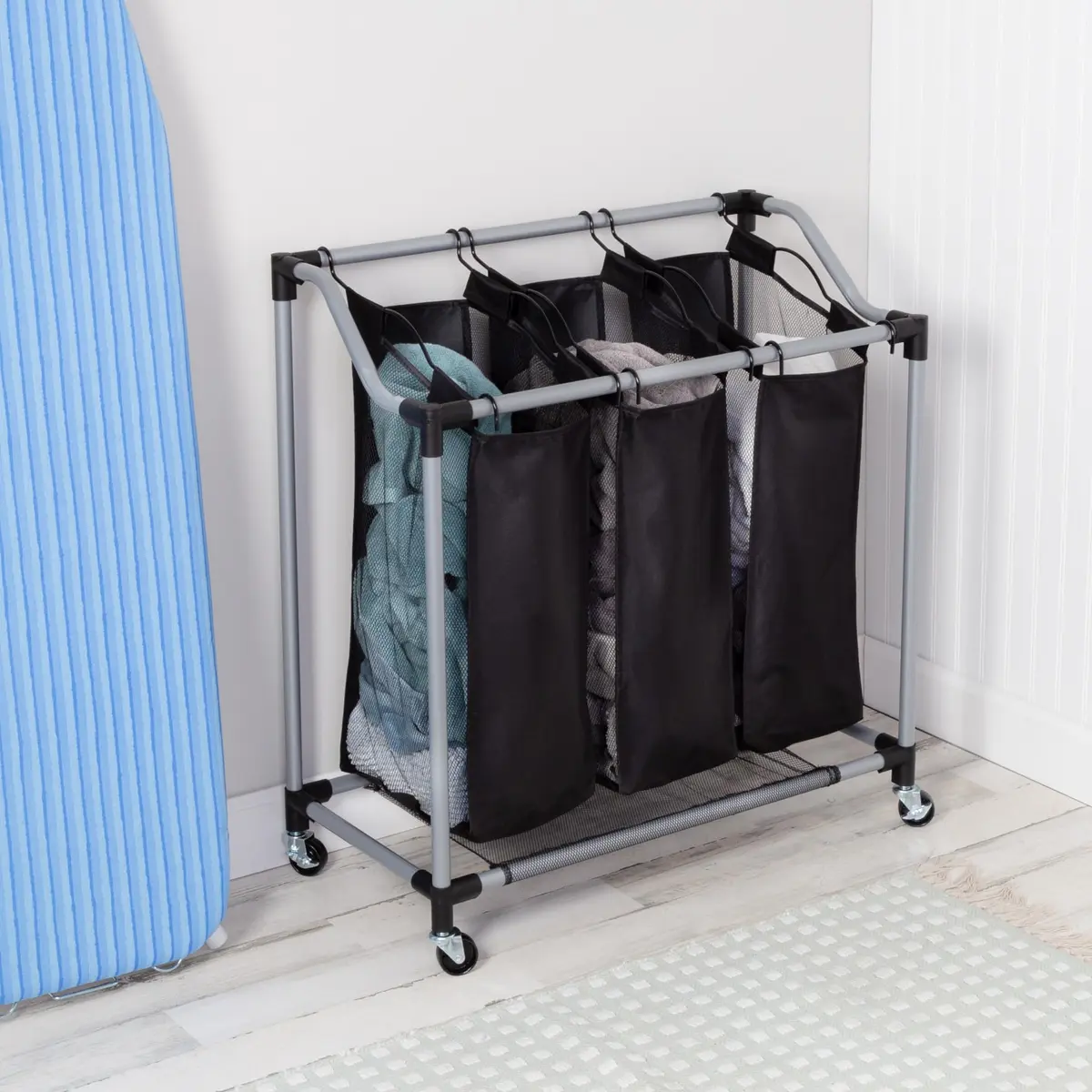 Honey-Can-Do Triple Laundry Sorter with Mesh 3 Bags | Modern Steel/Black Design - view 2