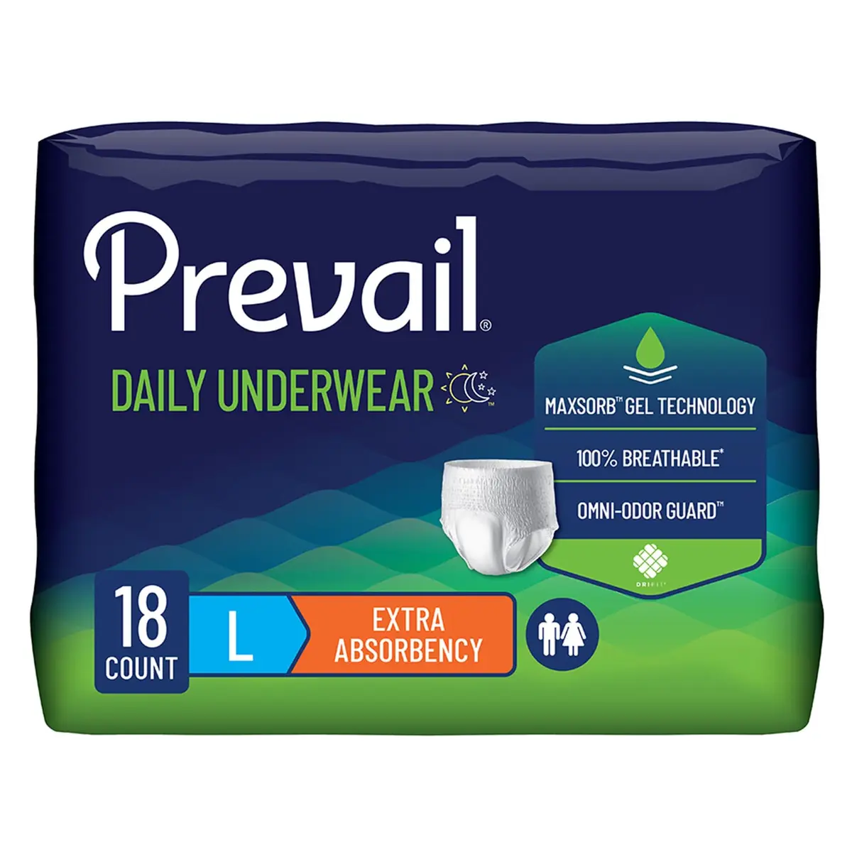 Prevail Adult Incontinence Protective Underwear for Men & Women, Maximum Absorbency, Large, 18 Count | Breathable Skin-Smart Fabric - main product image
