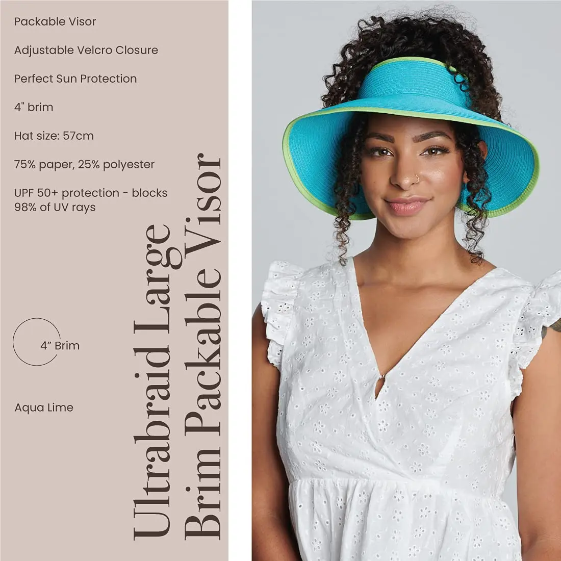 San Diego Hat Company's Signature Women's Ultrabraid Large Brim Visor Aqua Lime | UPF 50 Sun Protection - view 2