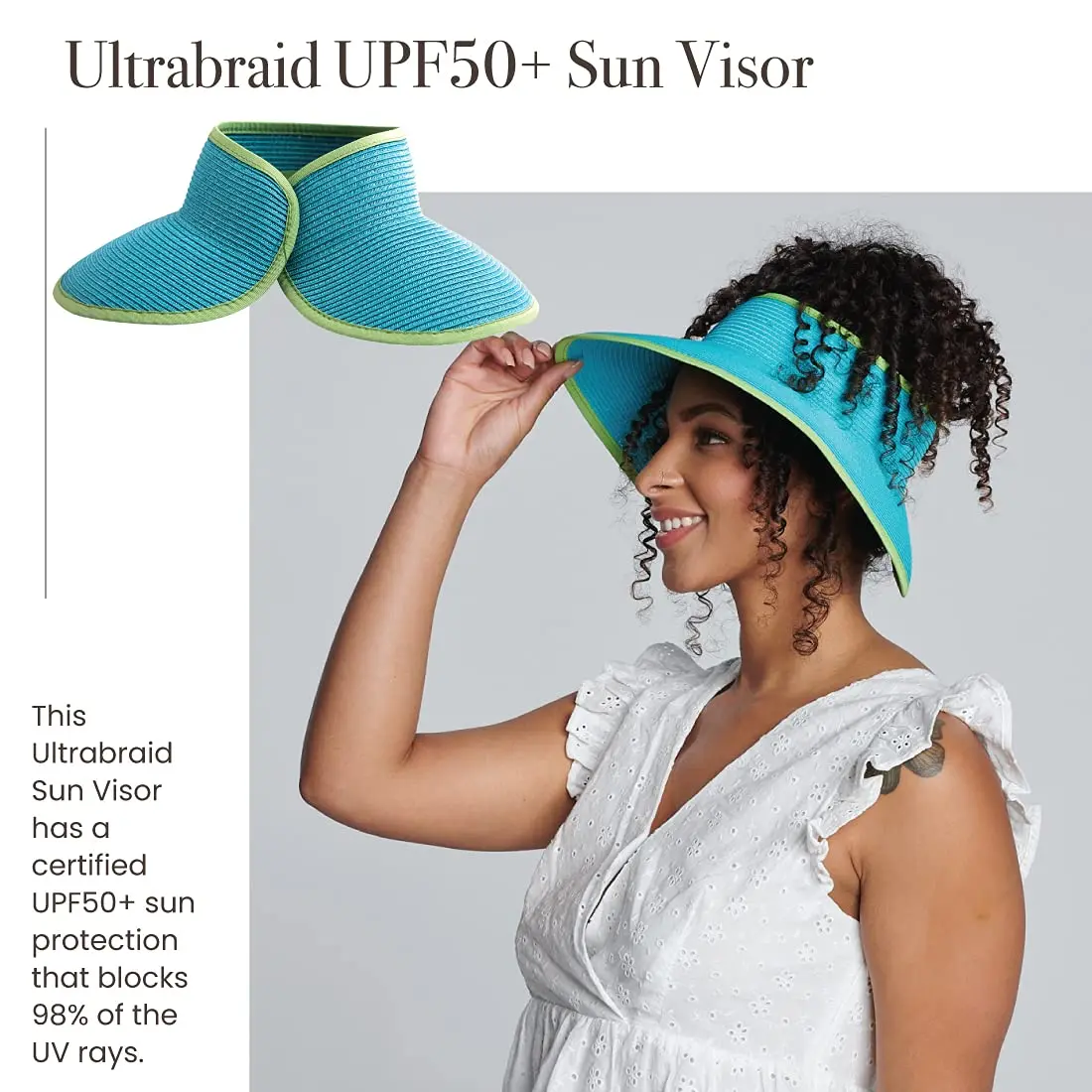 San Diego Hat Company's Signature Women's Ultrabraid Large Brim Visor Aqua Lime | UPF 50 Sun Protection - view 4