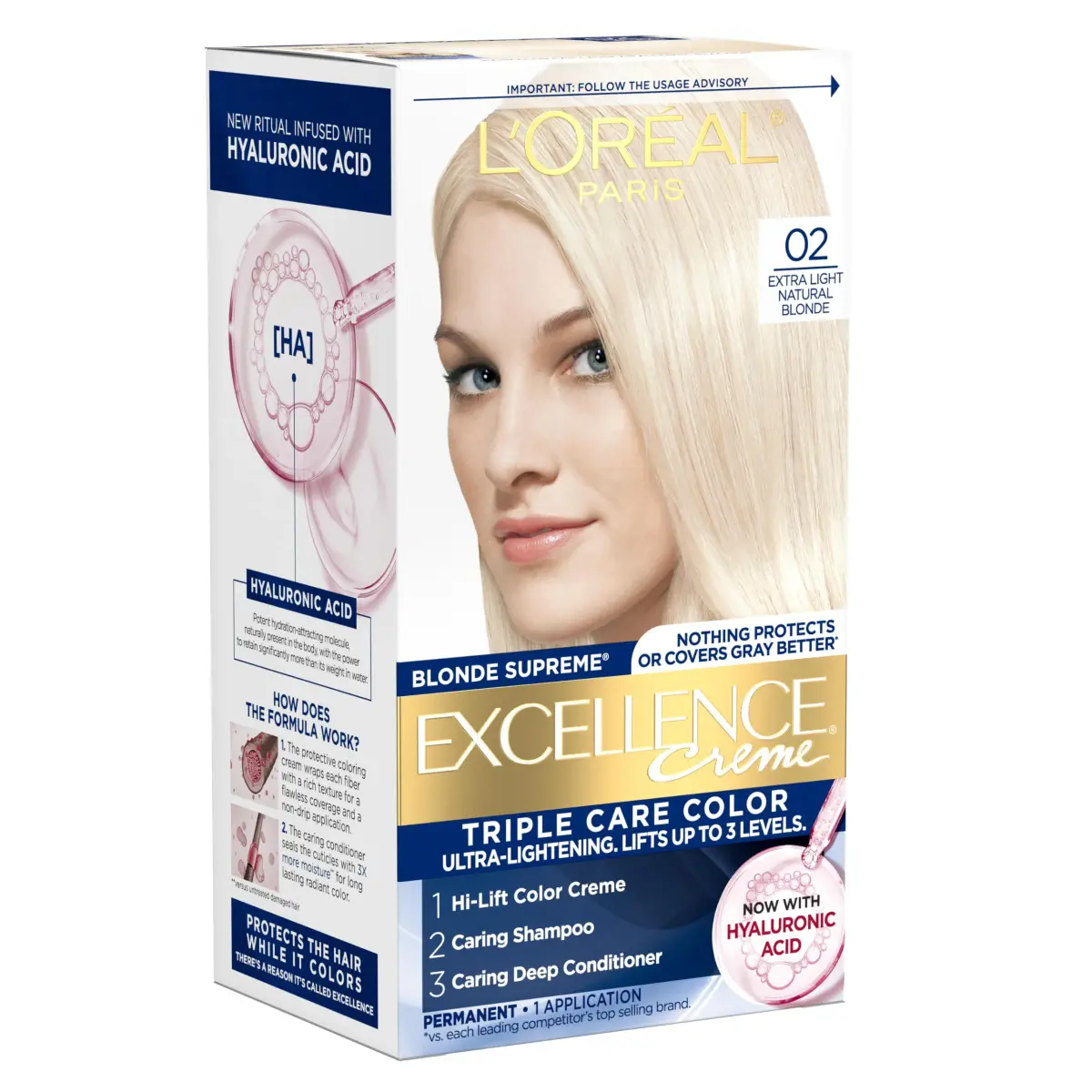 L'Oreal Paris Excellence Crème Permanent Hair Dye 02 Extra Light Natural Blonde | Triple Care Color Routine with Hyaluronic Acid - main product image