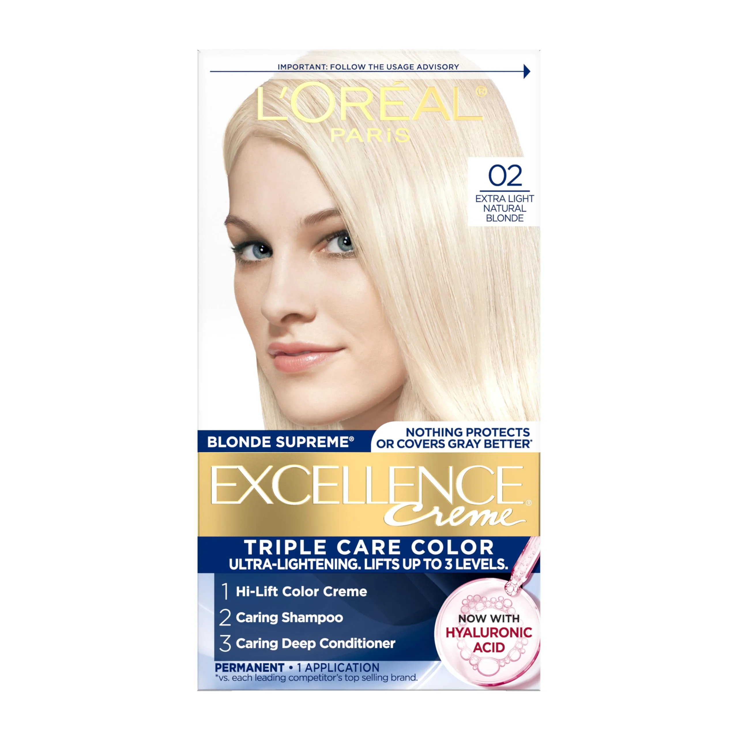 L'Oreal Paris Excellence Crème Permanent Hair Dye, Triple Care 02 Extra Light Natural Blonde, 1 Kit | Hyaluronic Acid Gray Coverage - main product image