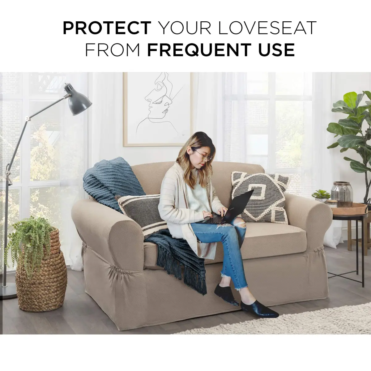 MAYTEX Pixel Ultra Soft Stretch 2 Piece Loveseat Furniture Cover Slipcover, Sand | Fits Loveseats up to 73" Long - view 2