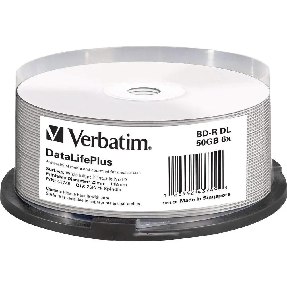 Verbatim BD-R DL 50GB 8X Blu-ray Recordable Media Disc White Inkjet Hub Printable 25pk Spindle | DataLifePlus White Inkjet Hub Printable - main product image