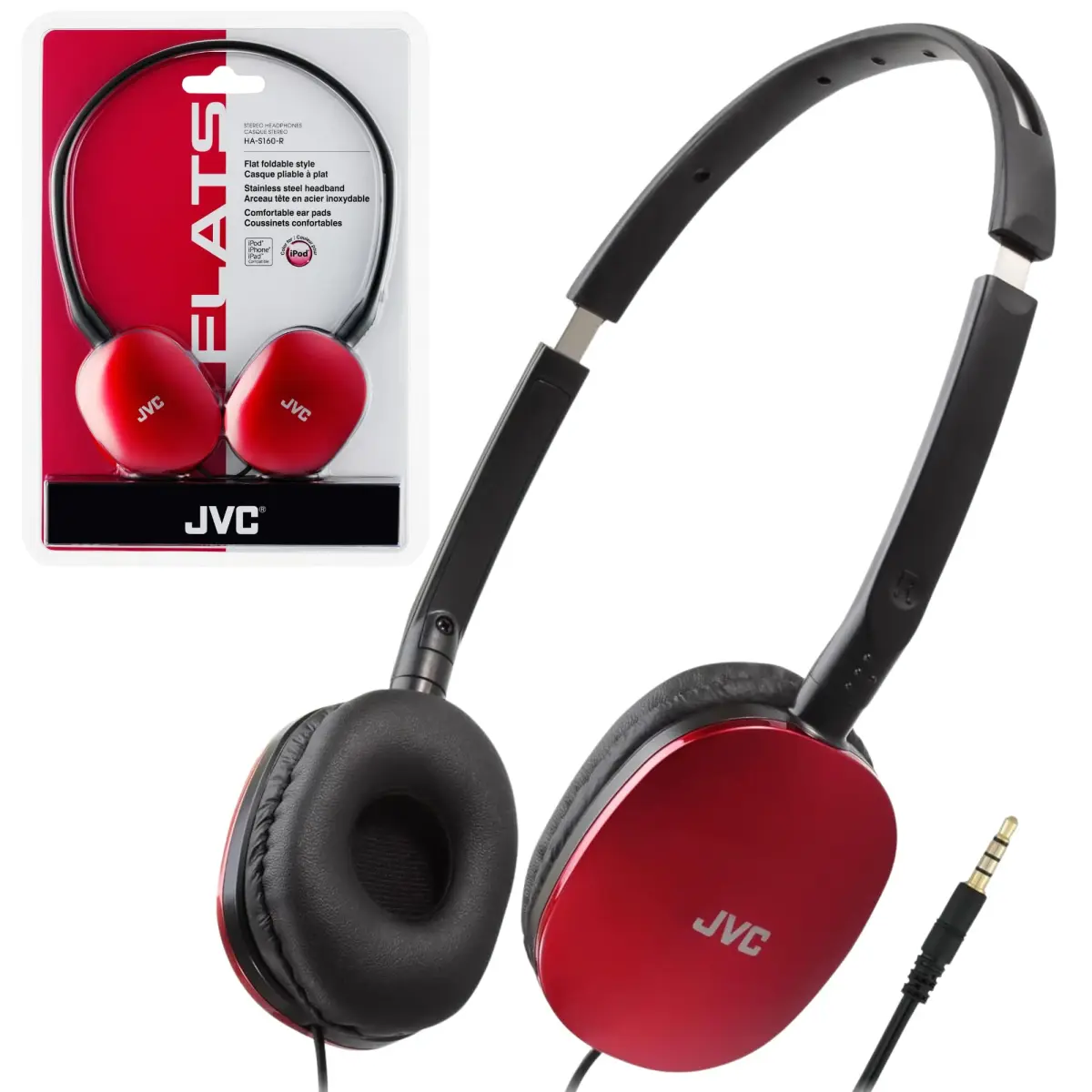 JVC HAS160R Flat Headphones - Red | 1.2m (47.28 Inch) Tangle-Free Cable - main product image
