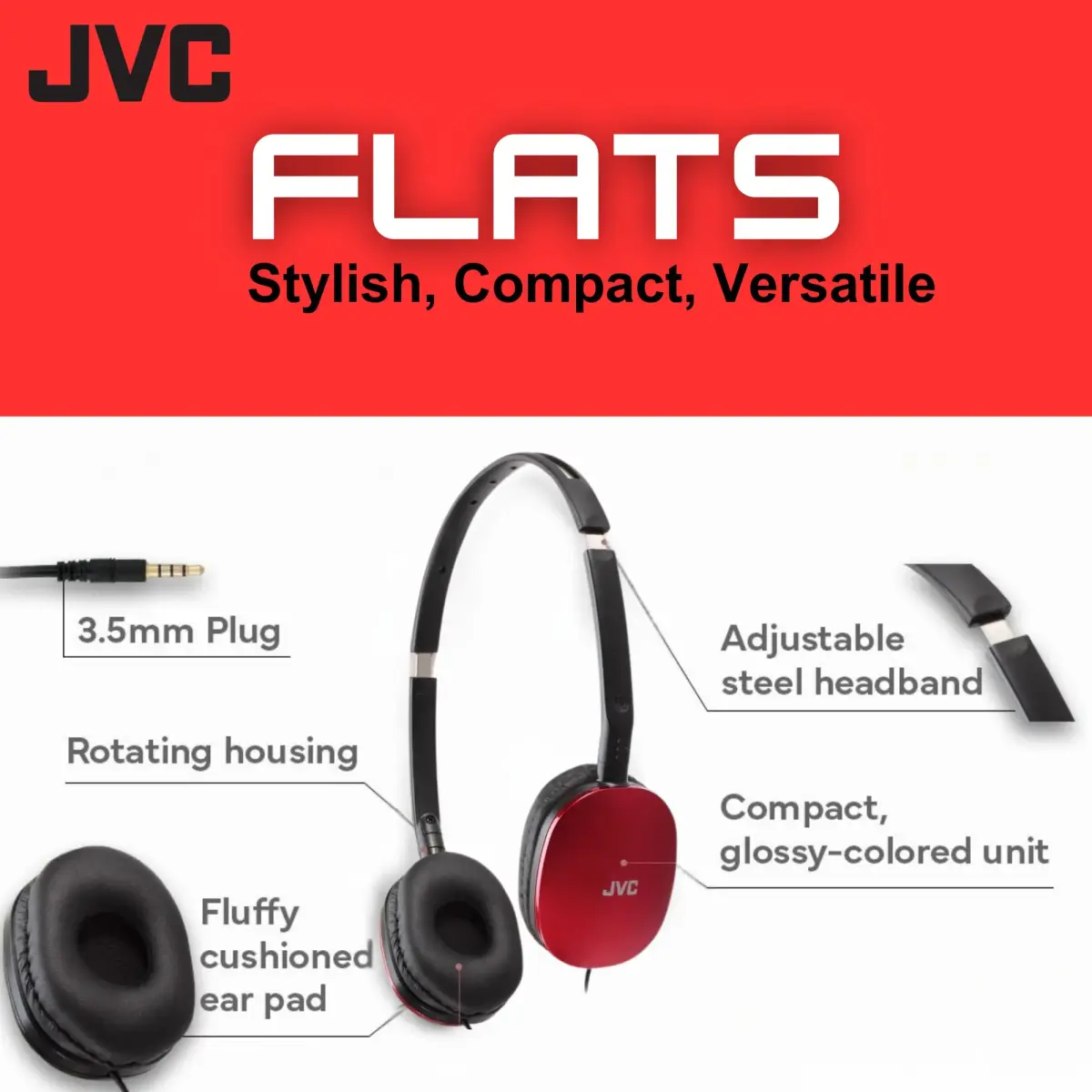 JVC HAS160R Flat Headphones - Red | 1.2m (47.28 Inch) Tangle-Free Cable - view 2