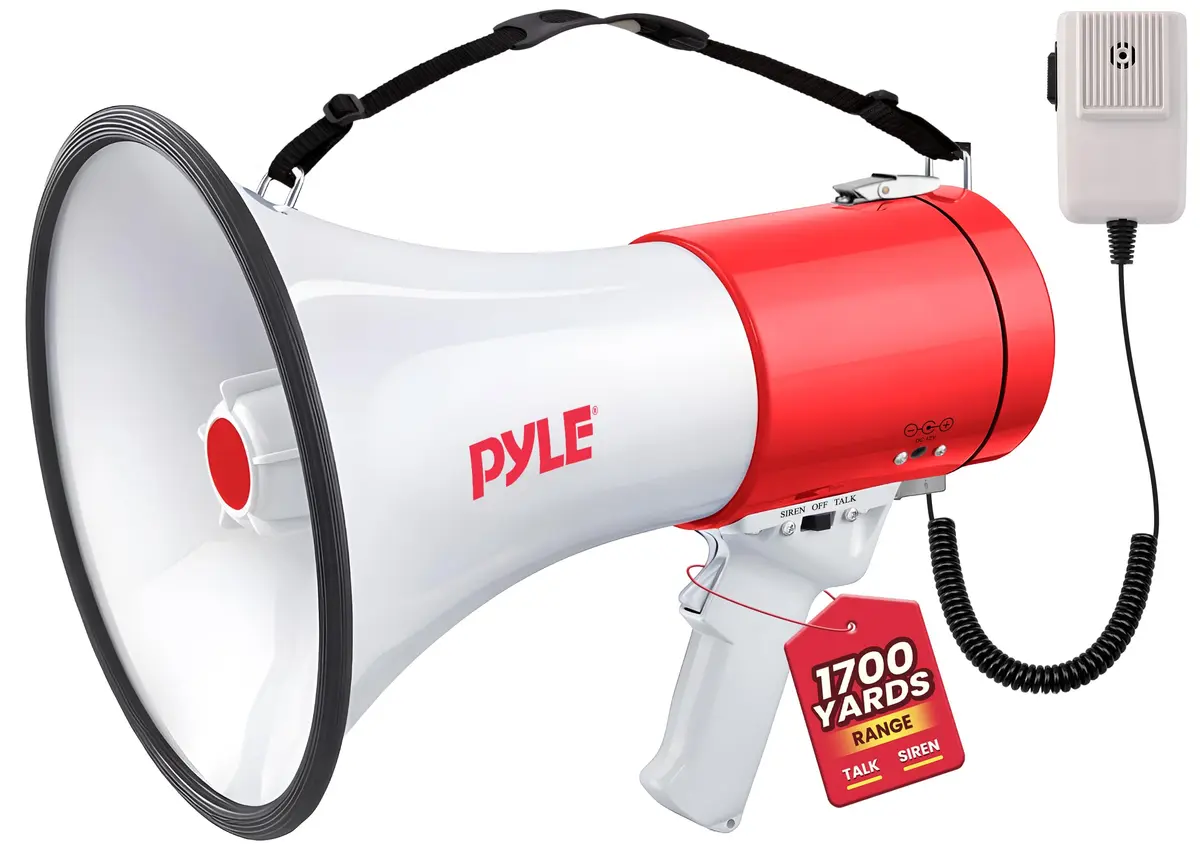 Pyle Megaphone 50W PA Bullhorn - Built-in Siren, Adjustable Volume & 1760 Yard Range, Record Function for Sports & Safety - main product image