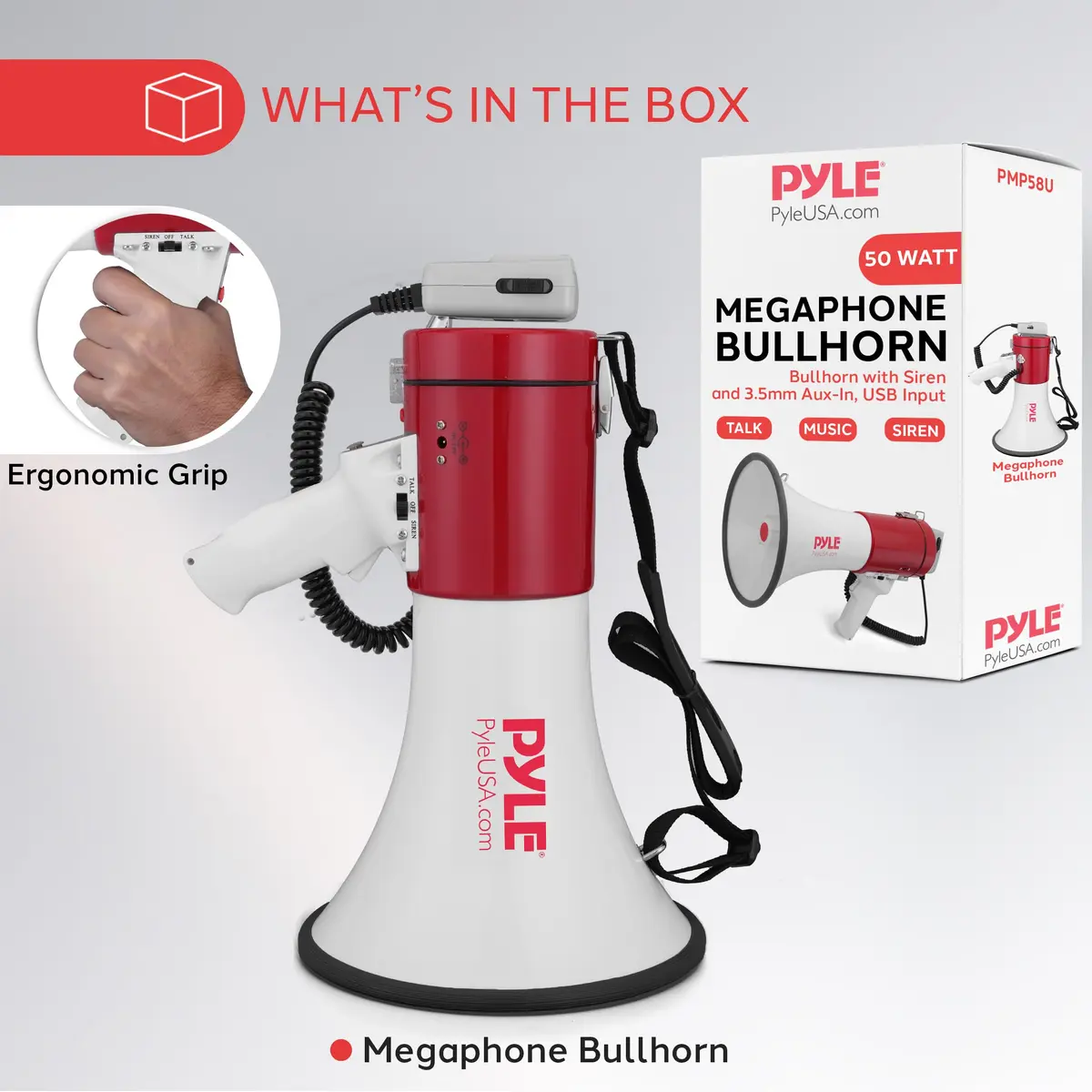 Pyle Megaphone 50W PA Bullhorn - Built-in Siren, Adjustable Volume & 1760 Yard Range, Record Function for Sports & Safety - view 8