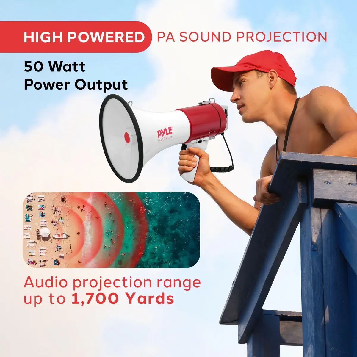 Pyle Megaphone 50W PA Bullhorn - Built-in Siren, Adjustable Volume & 1760 Yard Range, Record Function for Sports & Safety - view 2