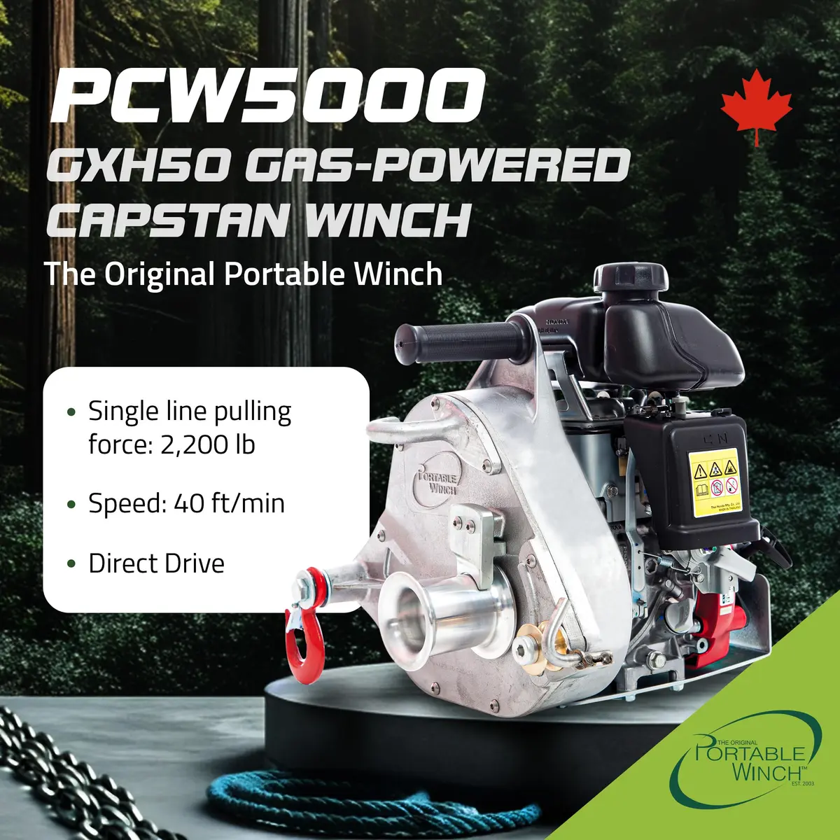 Portable Winch PCW5000 Gas Capstan Winch 35 lbs | 2,200 lbs Capacity, Honda GXH50 Engine, Unlimited Distance - view 2