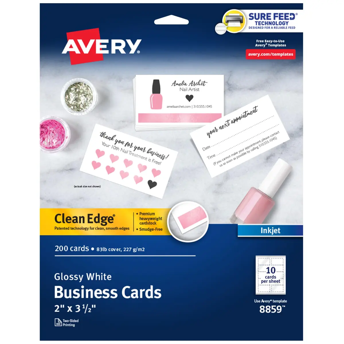 Avery Clean Edge Printable Business Cards 200 Cards (2" x 3.5") | Sure Feed Technology for Inkjet Printers - main product image