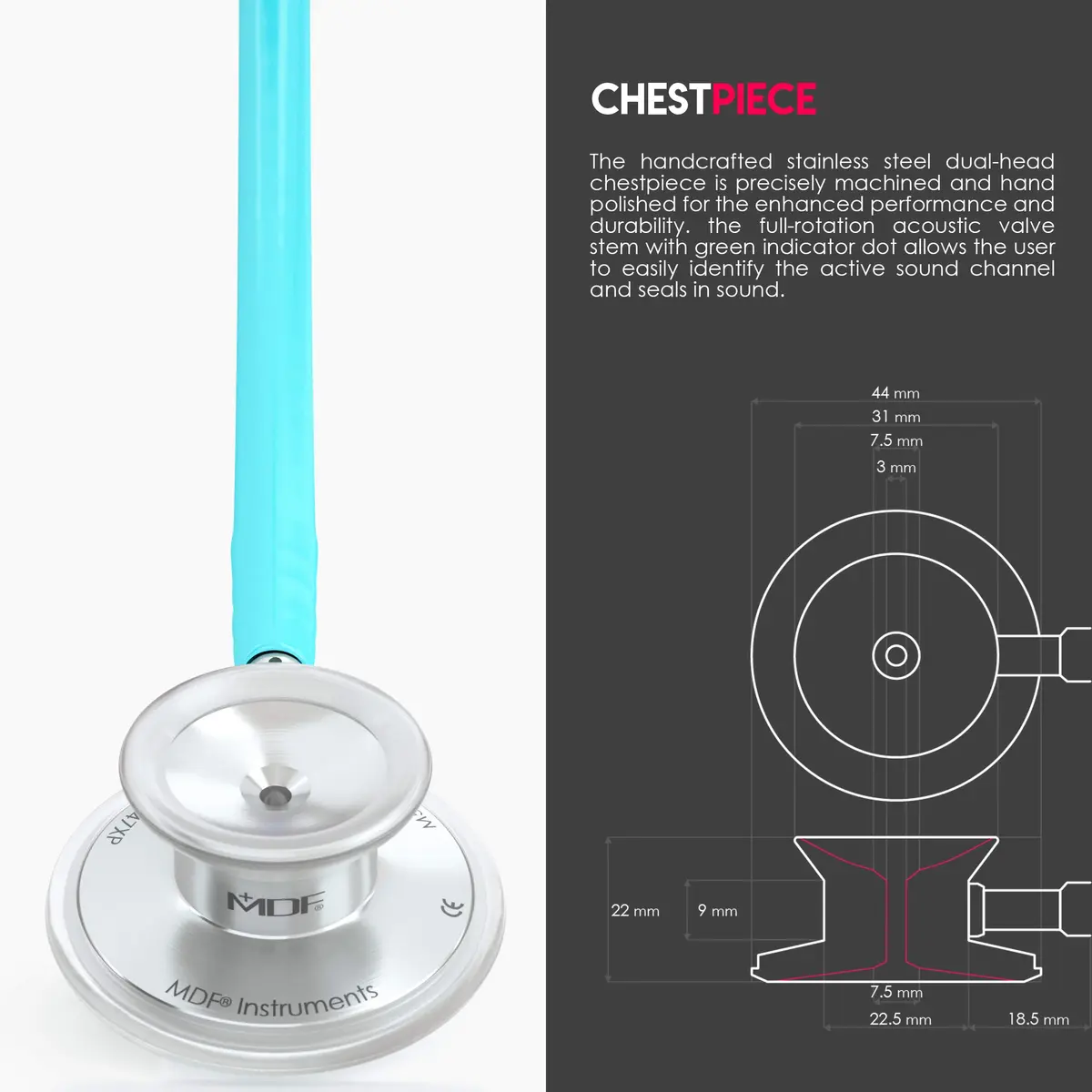 MDF Instruments Acoustica Lightweight Dual Head Stethoscope 31.2 x 0.8 inches | Trusted for Accurate Auscultation - view 4