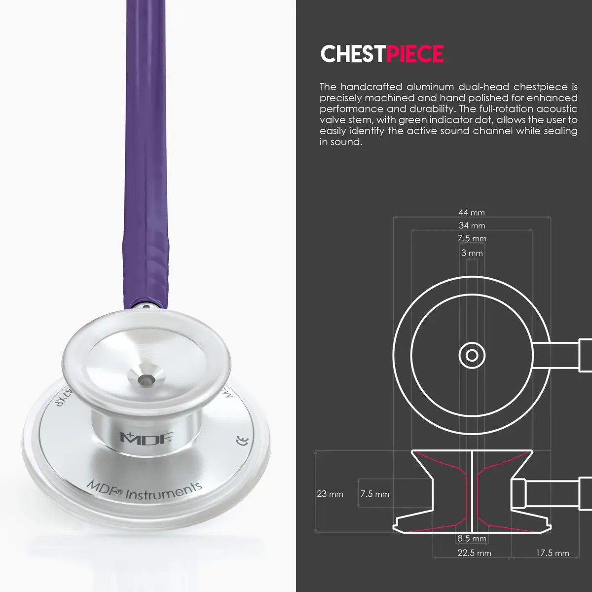MDF Instruments Acoustica Lightweight Dual Head Stethoscope 31.2 x 0.8 inches | Accurate auscultation for doctors, nurses, students in India - view 4