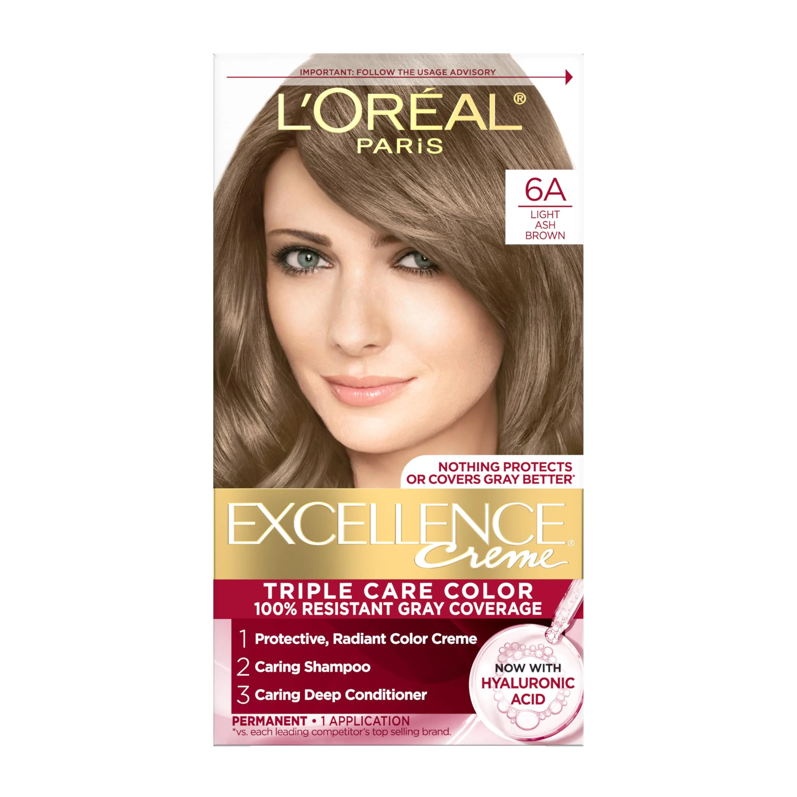 L'Oreal Paris Excellence Crème Permanent Hair Dye, Triple Care Hair Color with Hyaluronic Acid, 6A Light Ash Brown | Gray Coverage Hair Dye Kit - main product image