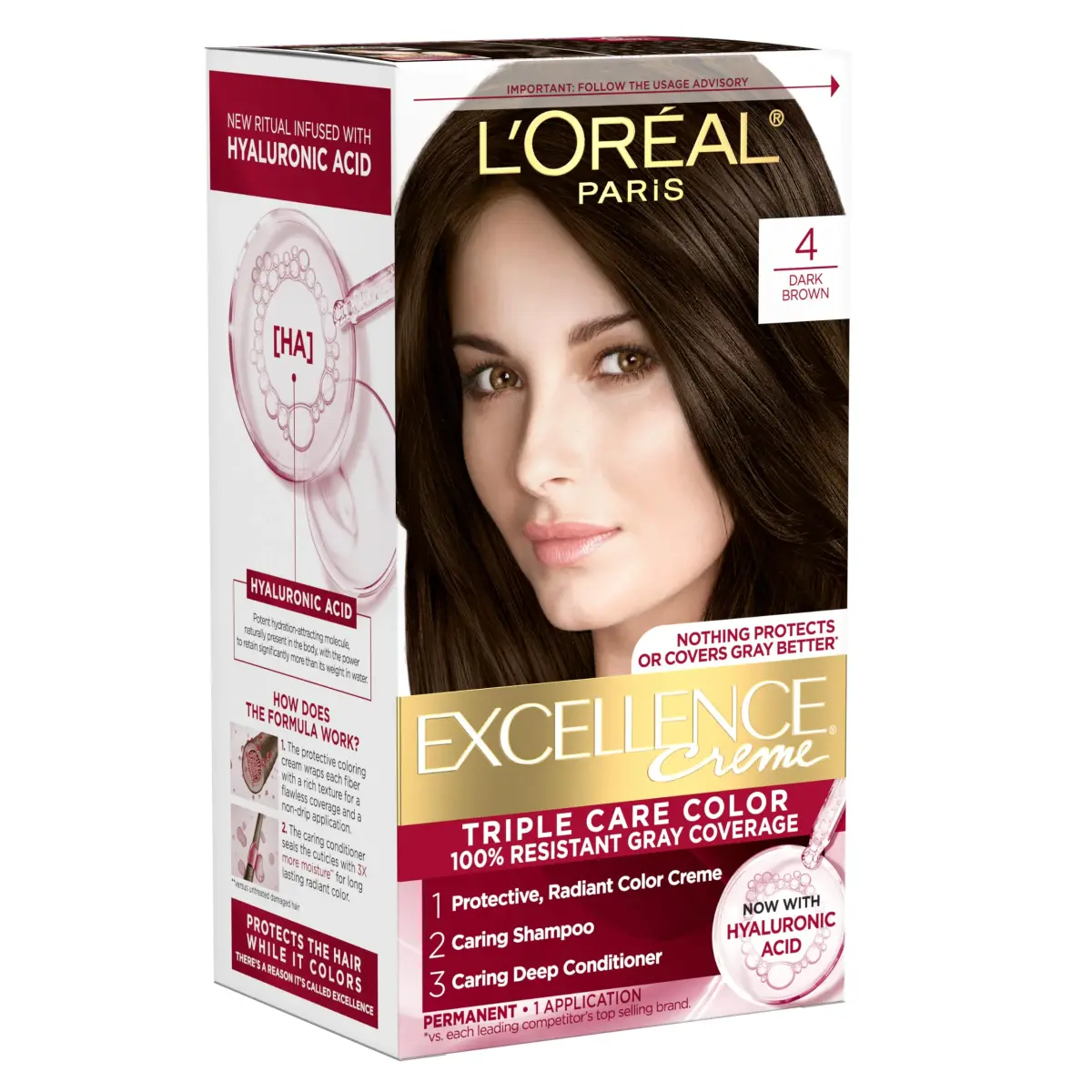 L'Oreal Paris Excellence Crème Permanent Hair Dye Dark Brown 1 Kit | Triple Care Color with Hyaluronic Acid for 100% Gray Coverage - main product image