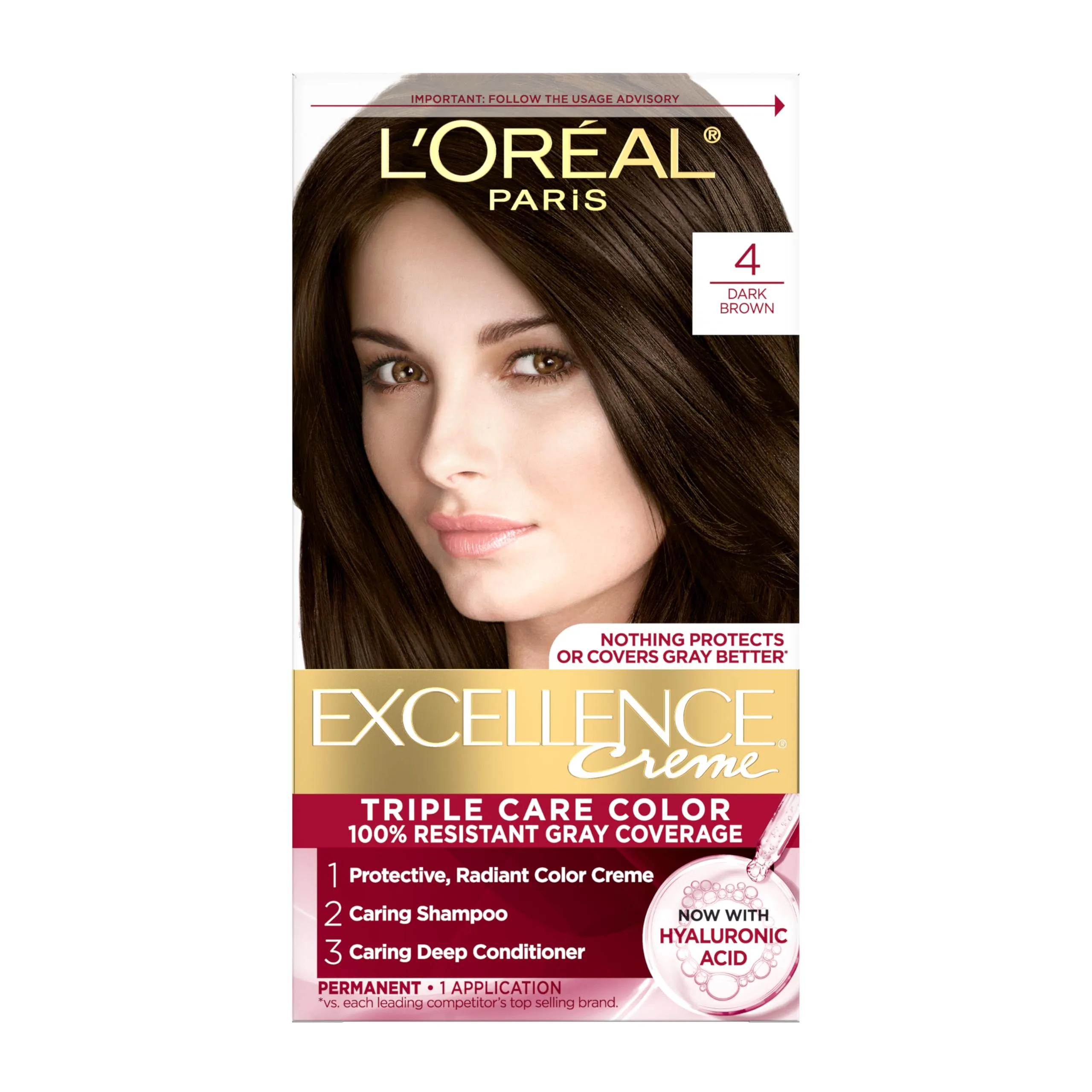 L'Oreal Paris Excellence Crème Permanent Hair Dye Dark Brown | Triple Care Color with Hyaluronic Acid - main product image