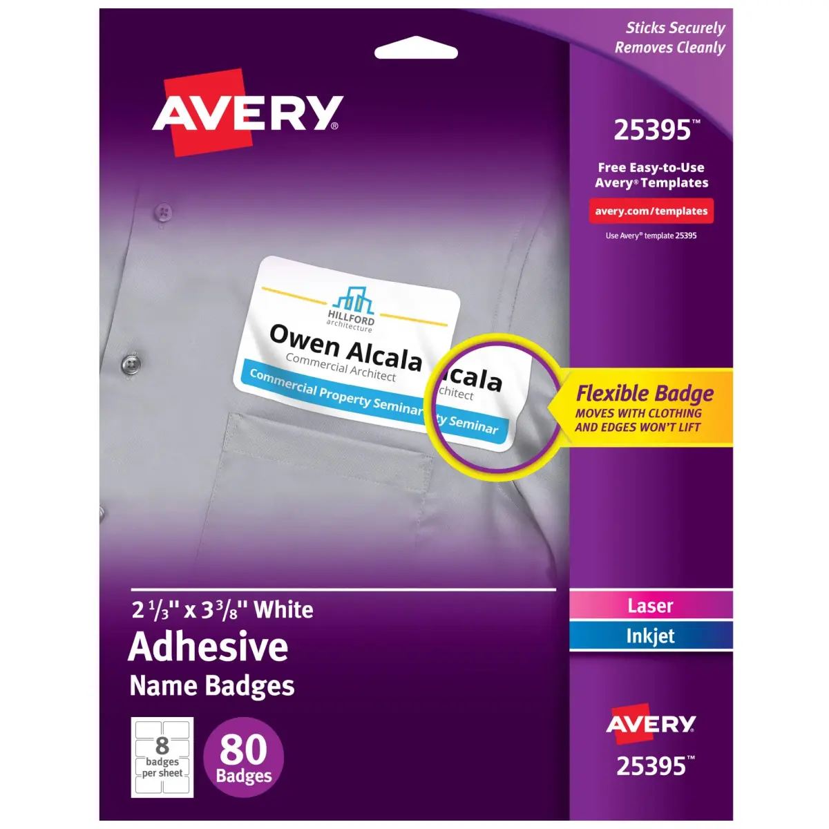 Avery Flexible Printable Name Tag Stickers 2-1/3" x 3-3/8" Matte White 80 Labels | Removable Adhesive for Events & Organization - main product image