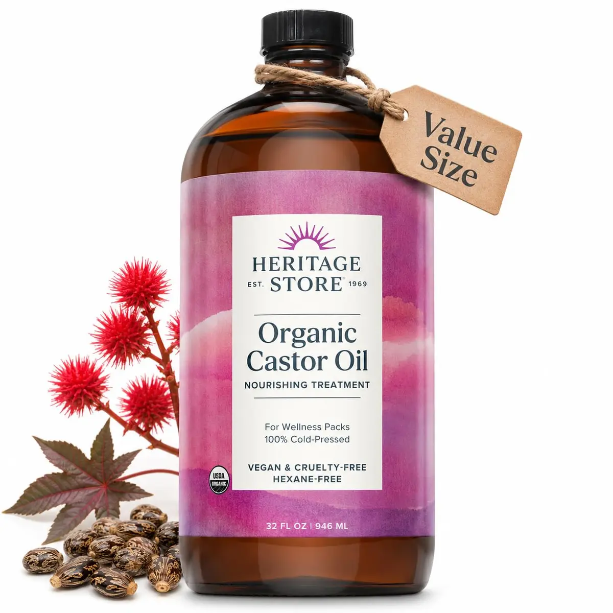HERITAGE STORE USDA Organic Castor Oil, Cold Pressed, 32 fl oz - main product image