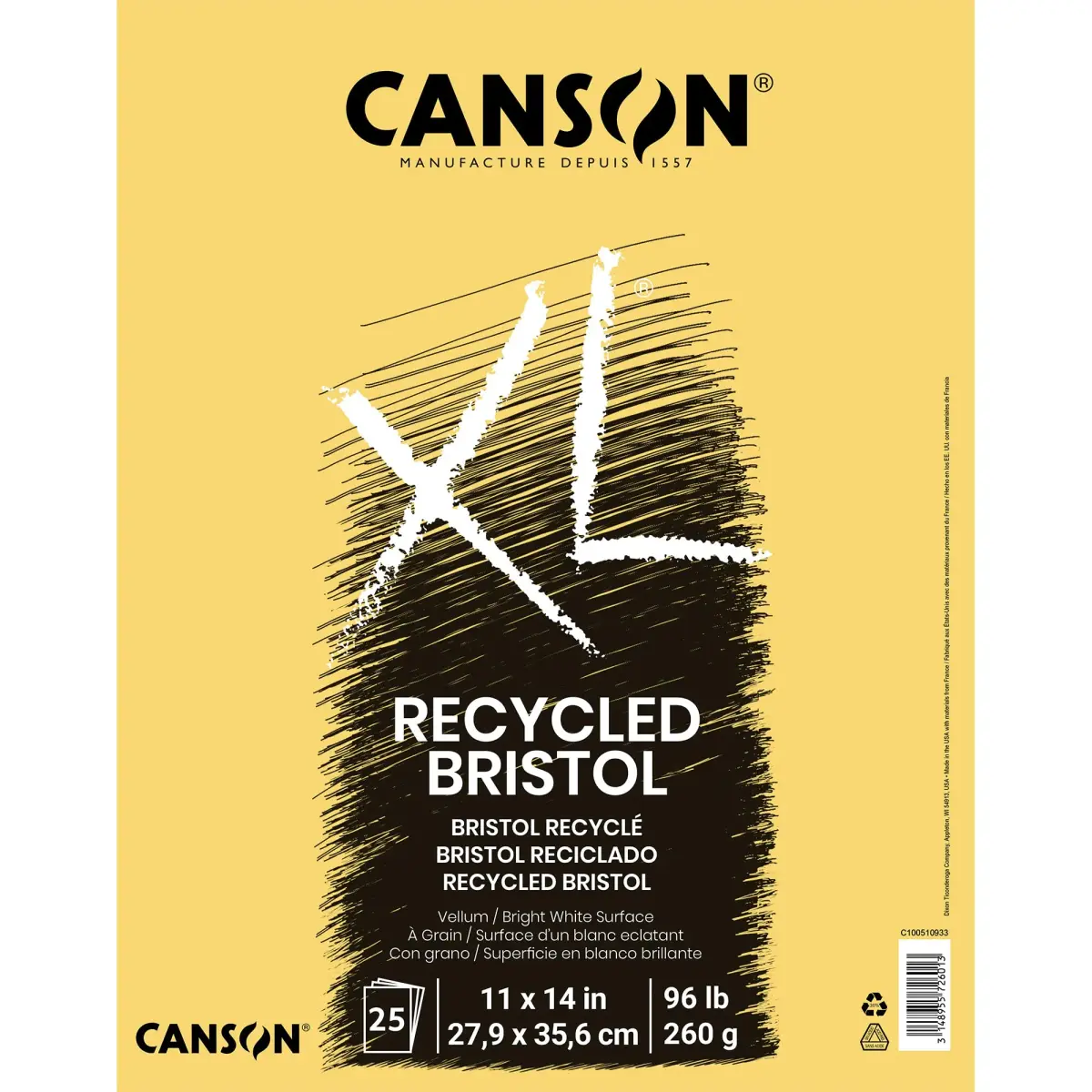Canson XL Series Bristol Paper Pad, Recycled, Textured, 11x14 inch | 25 Sheets, 96lb/260gsm - main product image