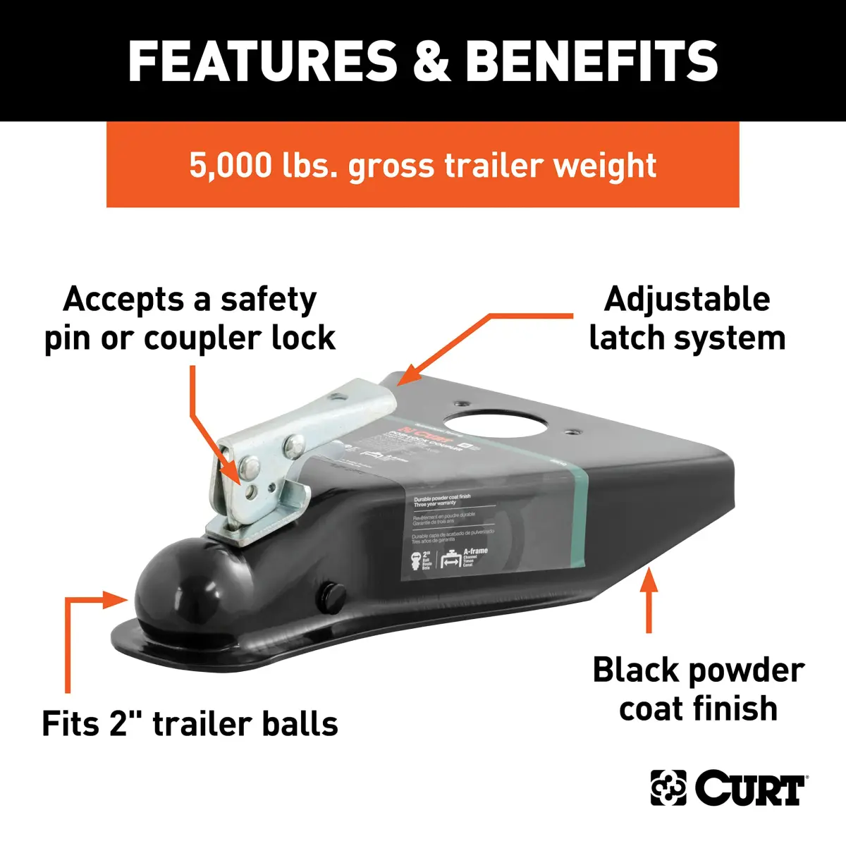CURT 25210 A-Frame Coupler for 2-Inch Trailer Ball | 5000 lbs GVWR - view 3