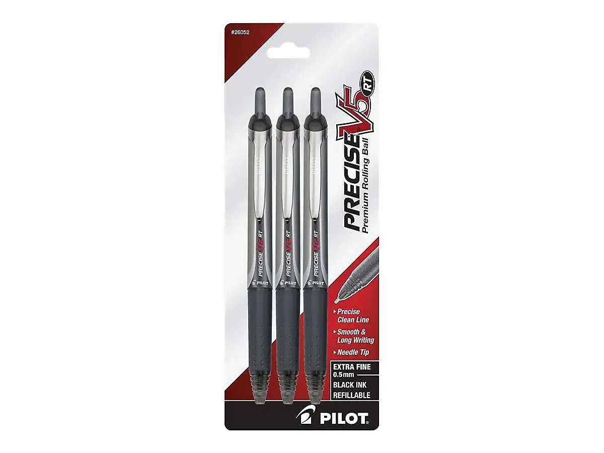 PILOT Precise V5 RT Rolling Ball Pens, Black Ink, 0.5mm, 3-Pack | Smooth Writing, Retractable, Fine Point - main product image