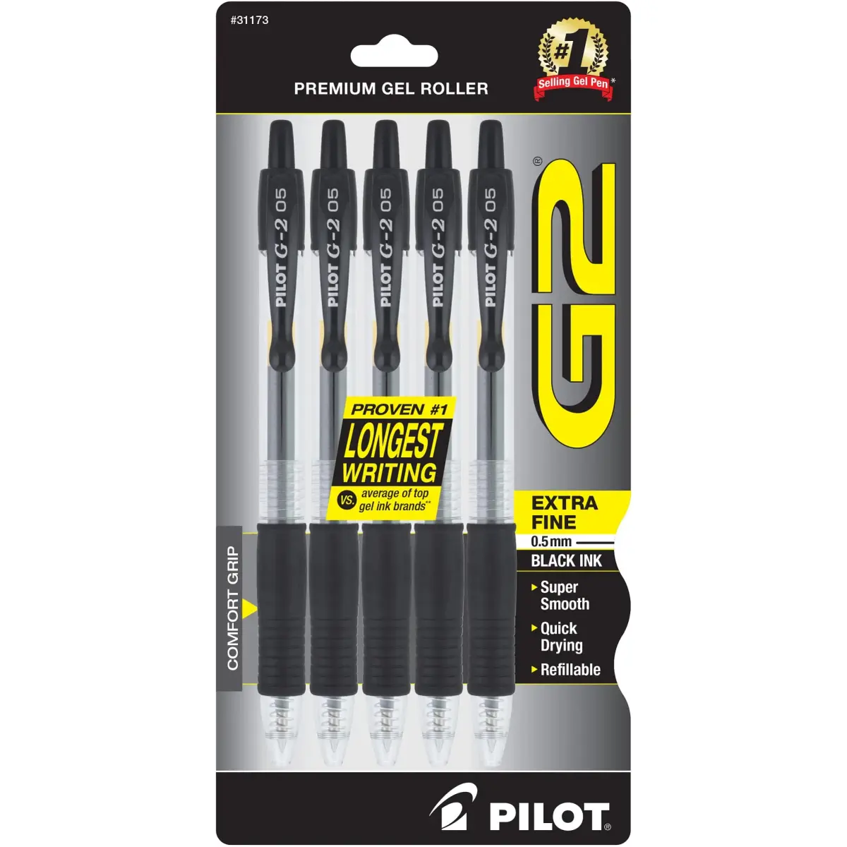 Pilot G2 Premium Gel Roller Pens Extra Fine Point 0.5 mm Black Pack of 5 | Smooth Ink Flow for School, Journaling & Office Writing - main product image
