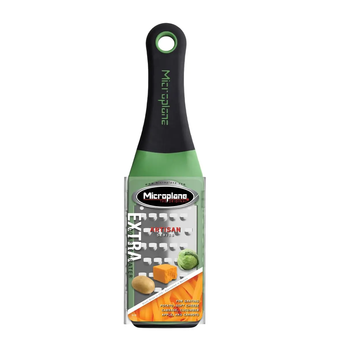 Microplane Artisan Series Extra Coarse Grater – Green | 26 cm (10.25 in) | Ideal for Semi-Soft Cheese, Potatoes, Zucchini - main product image