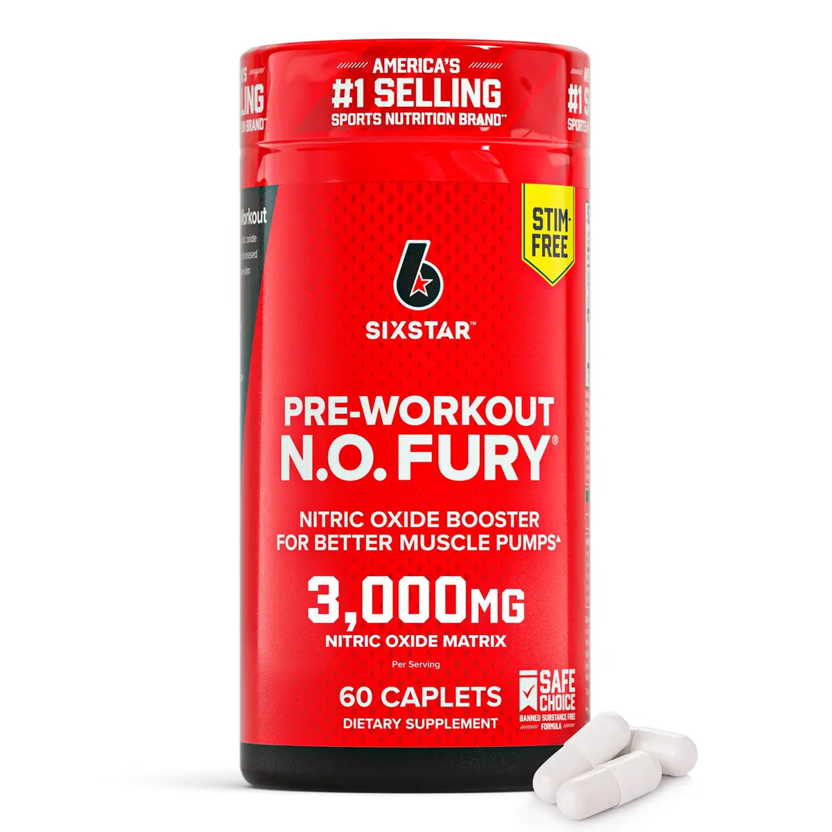 Six Star Pre-Workout N.O Fury Nitric Oxide Booster Pills for Muscle Pumps | Stimulant-Free, 60 Caplets, Unflavored - main product image