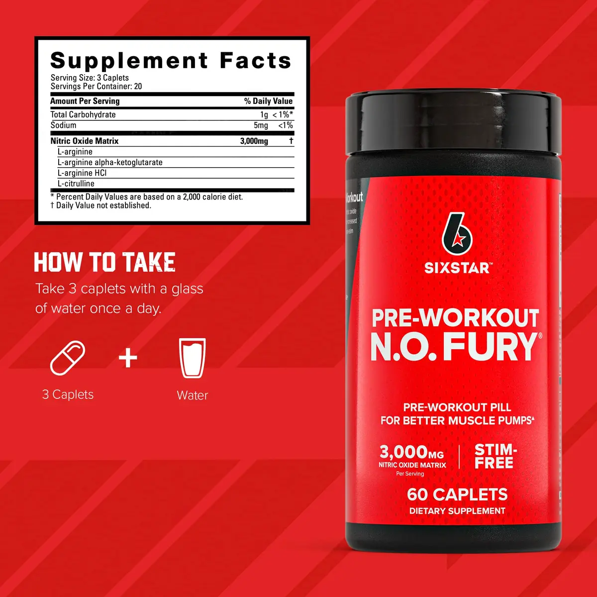Six Star Pre-Workout N.O Fury Nitric Oxide Booster Pills for Muscle Pumps | Stimulant-Free, 60 Caplets, Unflavored - view 5