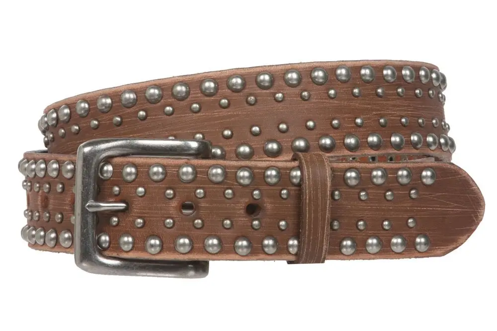 Beltiscool 1 1/2" Snap on Antique Silver Leather Belt, Tan | Vintage Casual Accessory - main product image