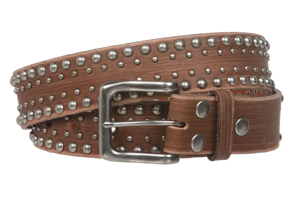 Beltiscool 1 1/2" Snap on Antique Silver Leather Belt, Tan | Vintage Casual Accessory - view 2