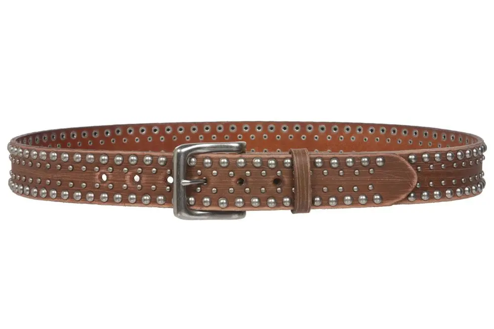 Beltiscool 1 1/2" Snap on Antique Silver Leather Belt, Tan | Vintage Casual Accessory - view 3