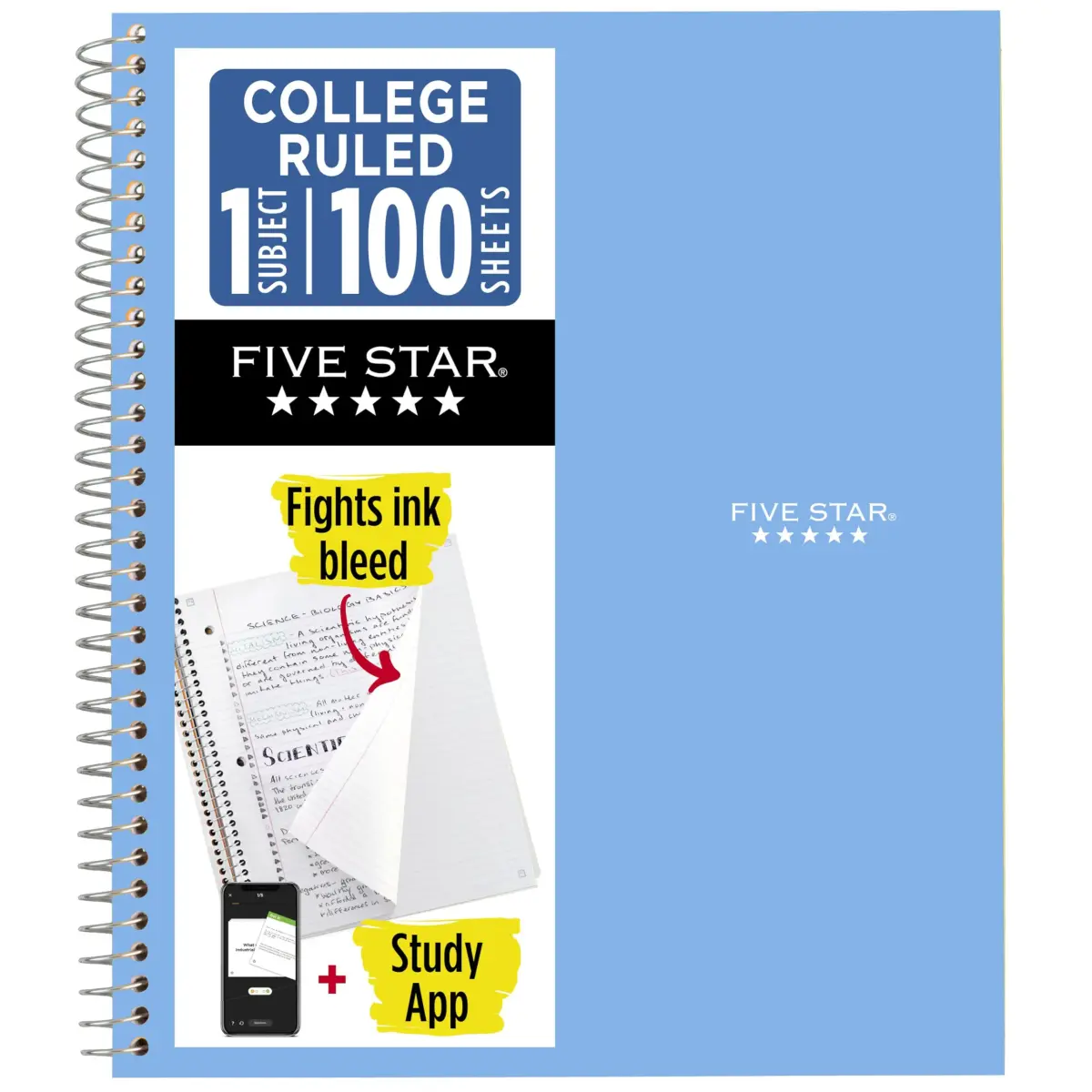 Five Star Spiral Notebook 100 Sheets Blue | College Ruled Paper, 8.5" x 11", Study App Integration - main product image