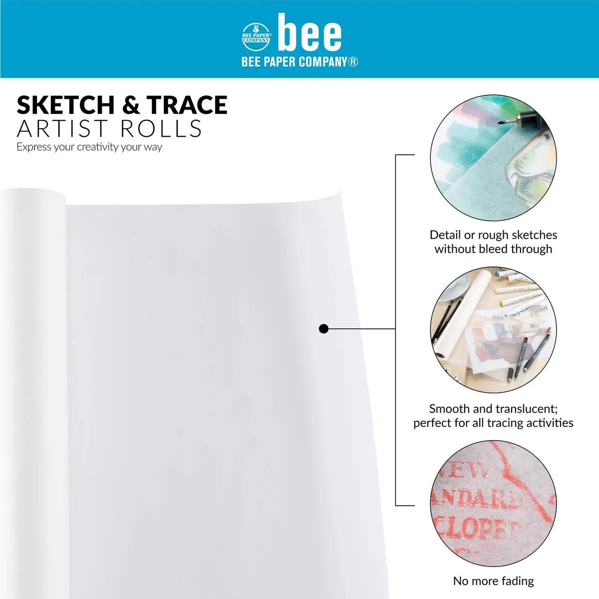 Bee Paper 18" x 20 yds Sketch and Trace Roll, White | High-Quality Art Media Paper for Artists - view 2