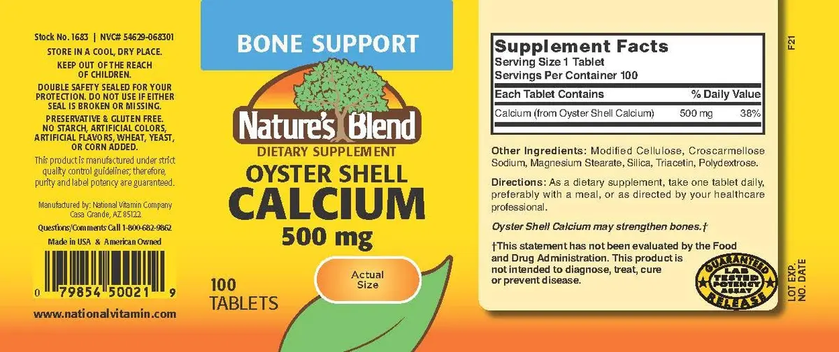 Nature's Blend Oyster Shell Calcium 500 mg 100 Tabs | Supports Strong Bones & Teeth (70-120 chars) - view 2