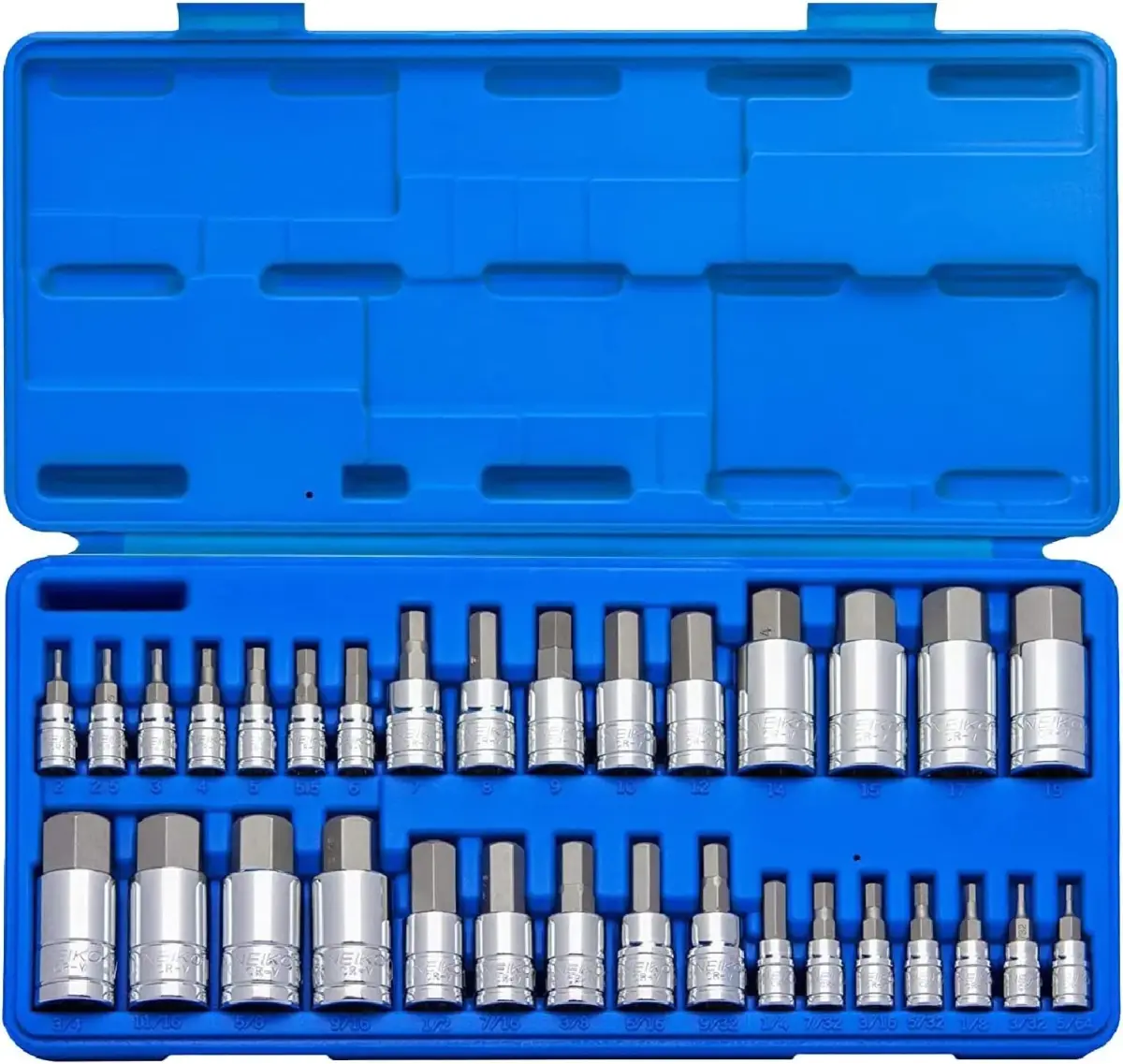 NEIKO 32 Piece SAE and Metric Hex Bit Socket Set 6.35mm (1/4") & 9.53mm (3/8") Drive | Precision S2 Steel - main product image