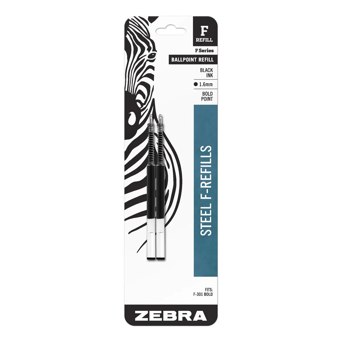 Zebra Pen Steel Ballpoint Refill 1.6mm Bold Point | Fits F-301 Bold, Black Ink, 2-Pack - main product image
