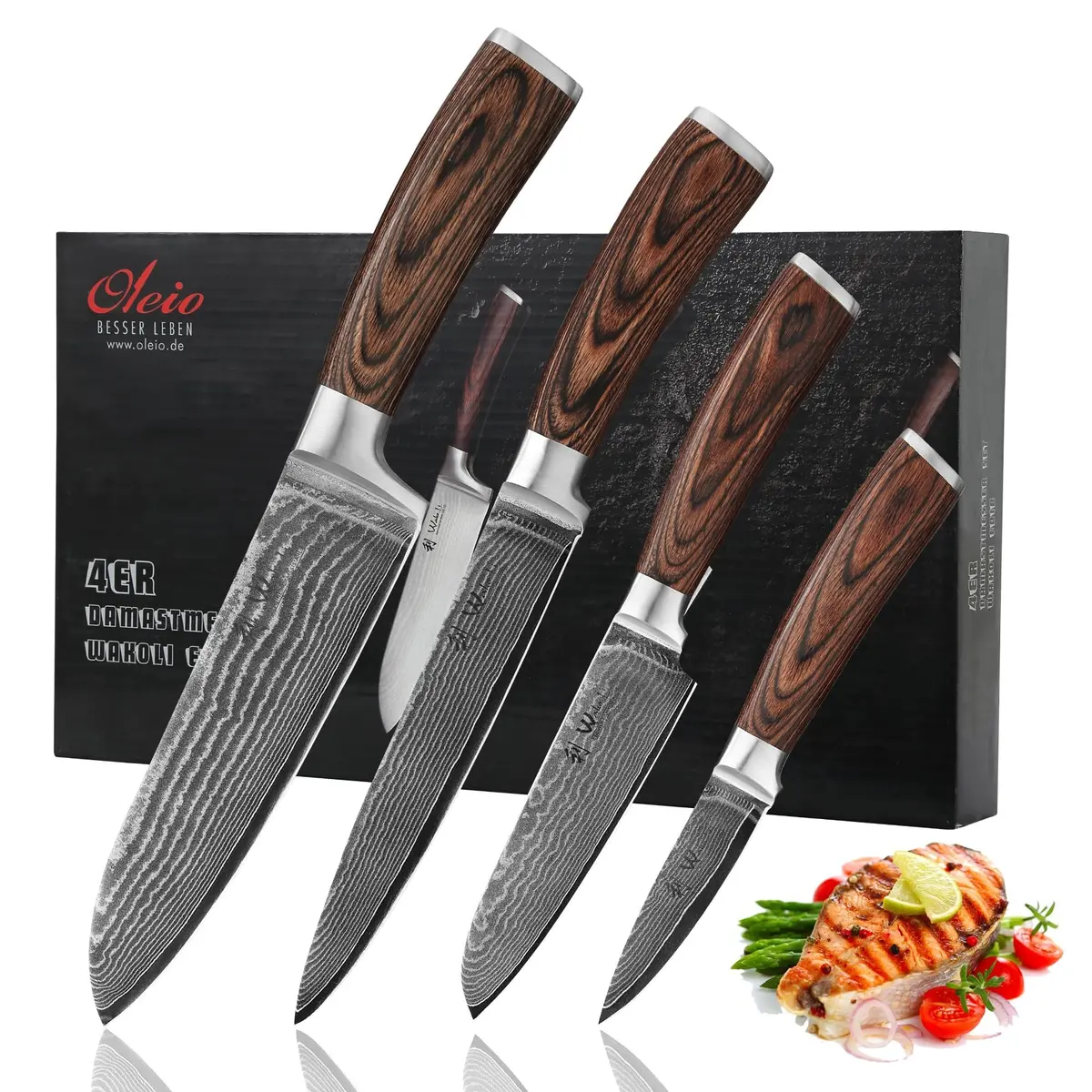Wakoli EDIB 4-Piece VG10 Damascus Kitchen Knife Set, Pakkawood Handle | Precision & Durability for Home Chefs - main product image