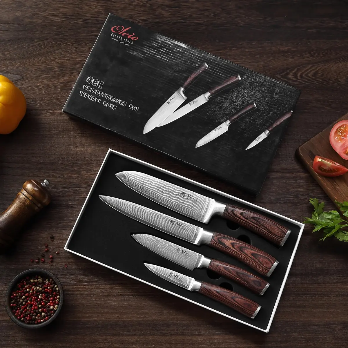 Wakoli EDIB 4-Piece VG10 Damascus Kitchen Knife Set, Pakkawood Handle | Precision & Durability for Home Chefs - view 2