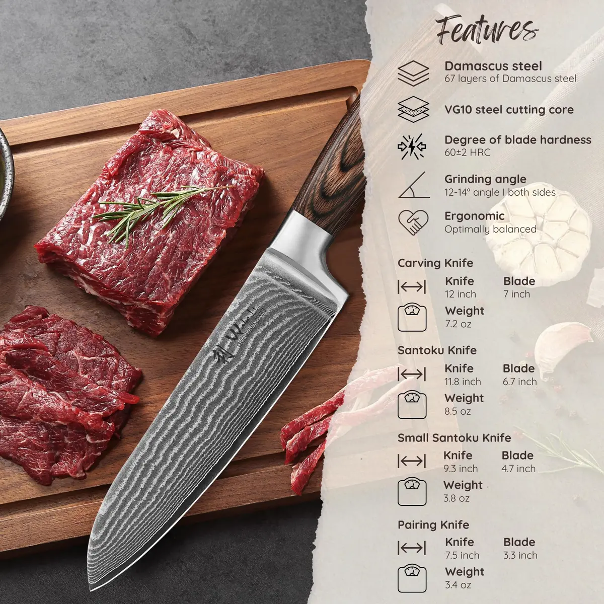 Wakoli EDIB 4-Piece VG10 Damascus Kitchen Knife Set, Pakkawood Handle | Precision & Durability for Home Chefs - view 3