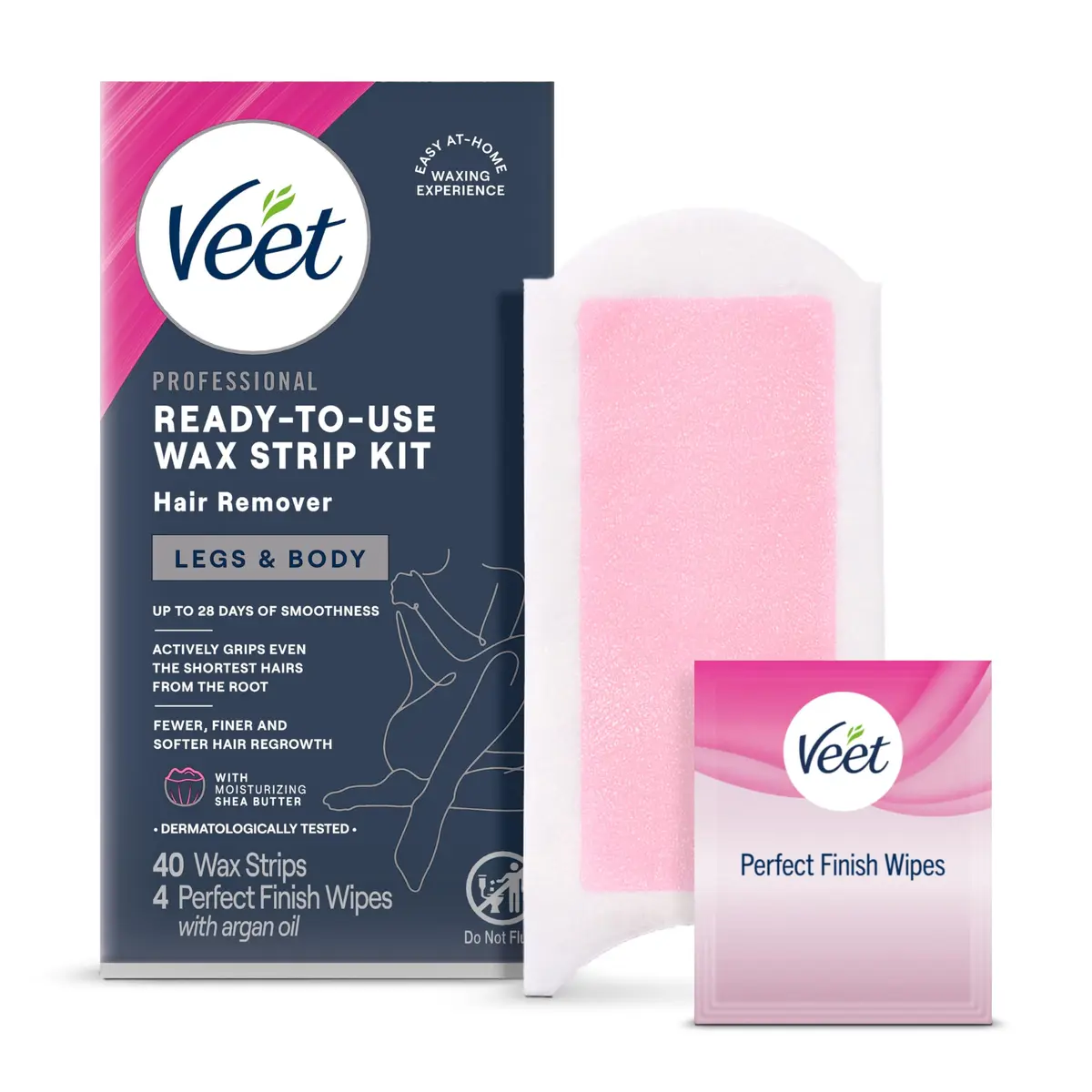 Veet Wax Strips Kit for Women, Body Hair Removal, 40 Strips + 4 Wipes | Effortless, Salon-Quality Results in Home - main product image